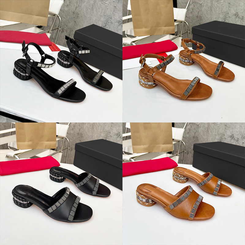 New Designer Heels Pyrasand 30mm Studded Leather Sandals Slippers Women Evening Shoes Ladies Sexy Party Wedding Sandale 1012