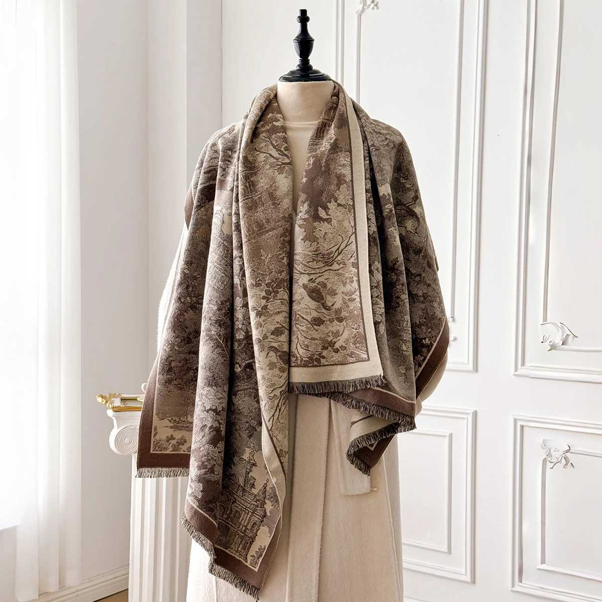 Elegant Retro Style Womens Double-Sided Landscape Print Cashmere Scarf Winter Warm Pashmina Shawl Foulard Poncho Y251211