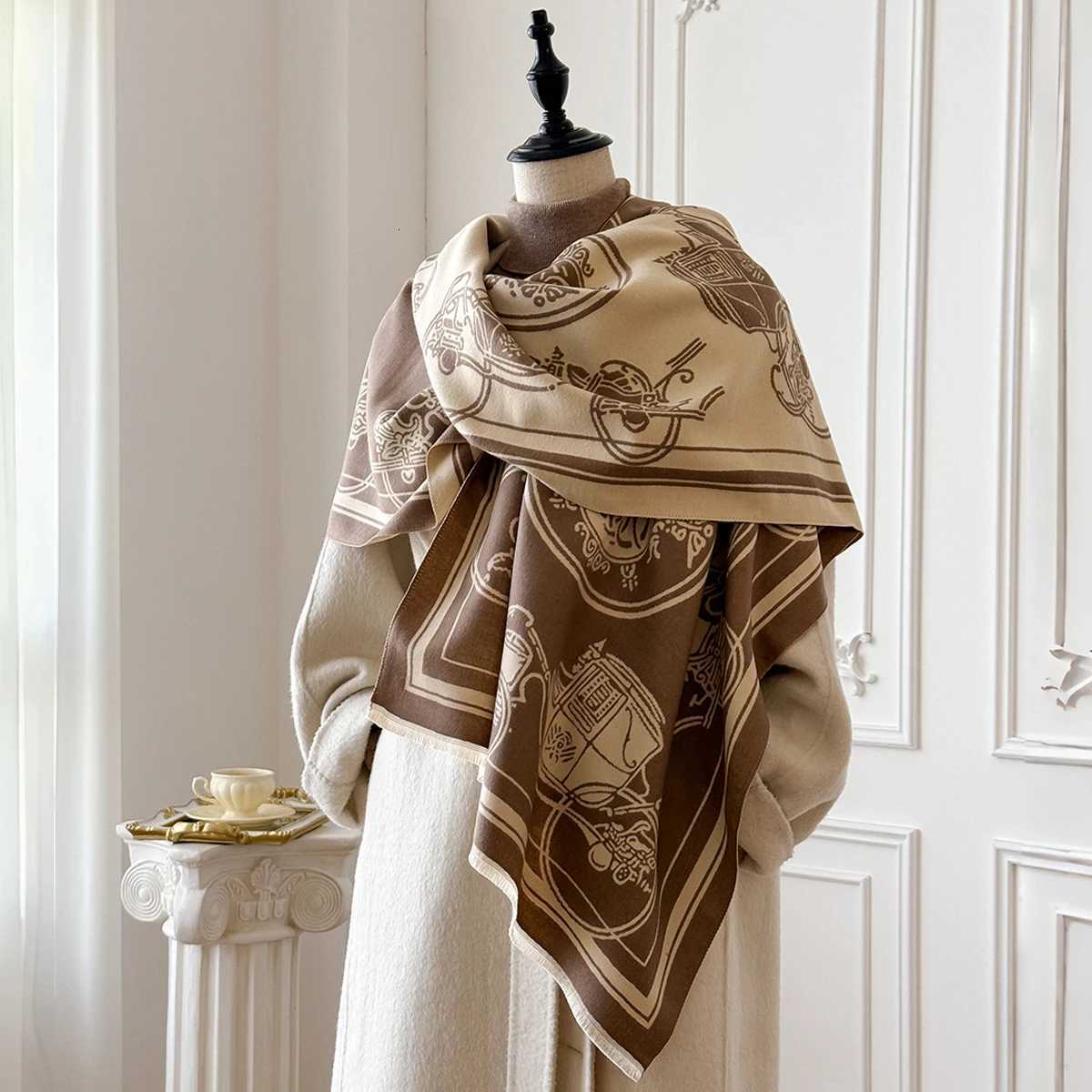 Winter Warm Cashmere Jacquard Scarf New Design Horse Carriage Pattern High Quality Womens Thicken Wrap Shawl Ladies Wool Y251211
