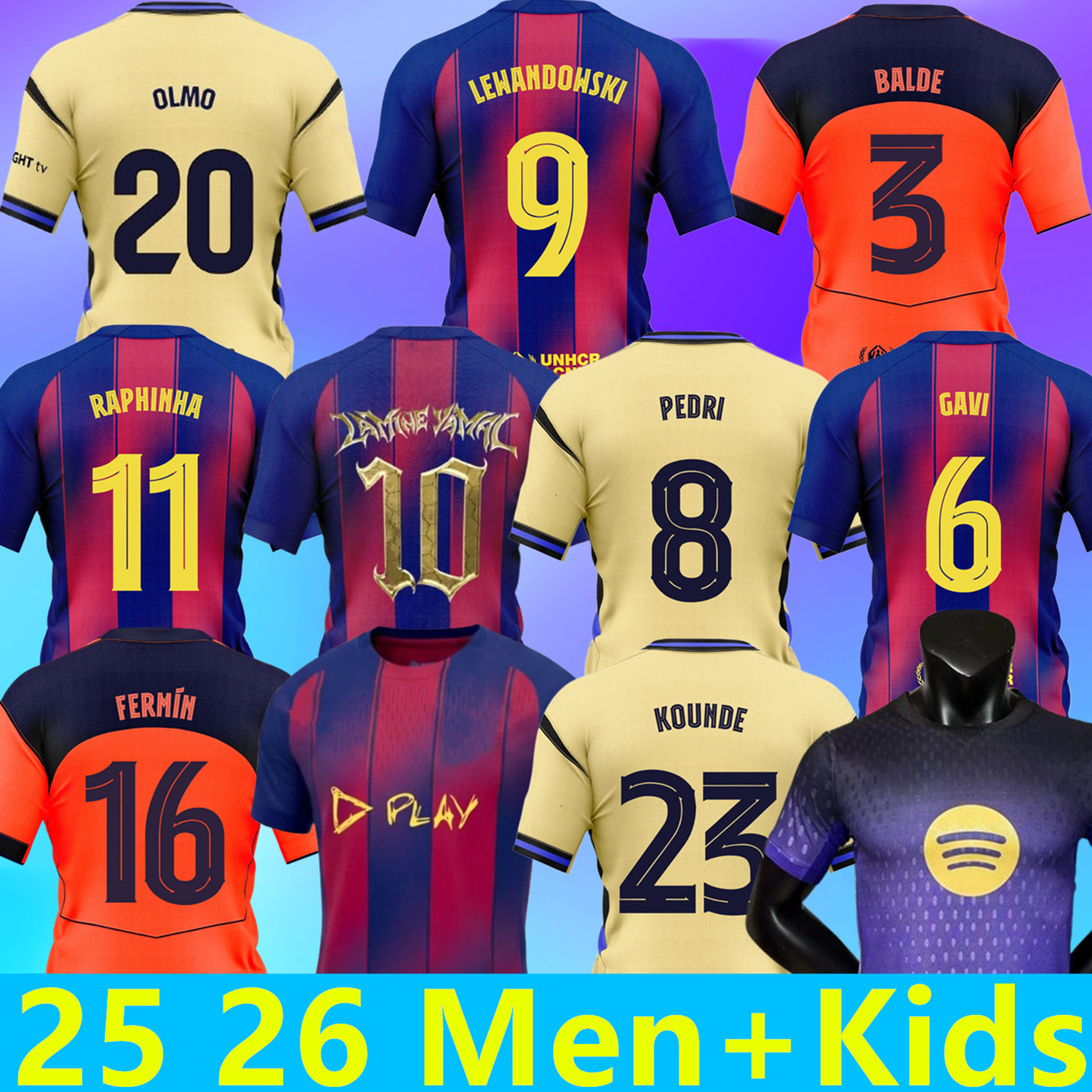 25 26 LAMINE YAMAL PEDRI GAVI Soccer Jersey RAPHINHA Camiseta De Football Shirt KOUNDE F. DE JONG FERMIN 2025 2026 OLMO BALDE CUBARSI Football RAPHINHA Men Kids 999