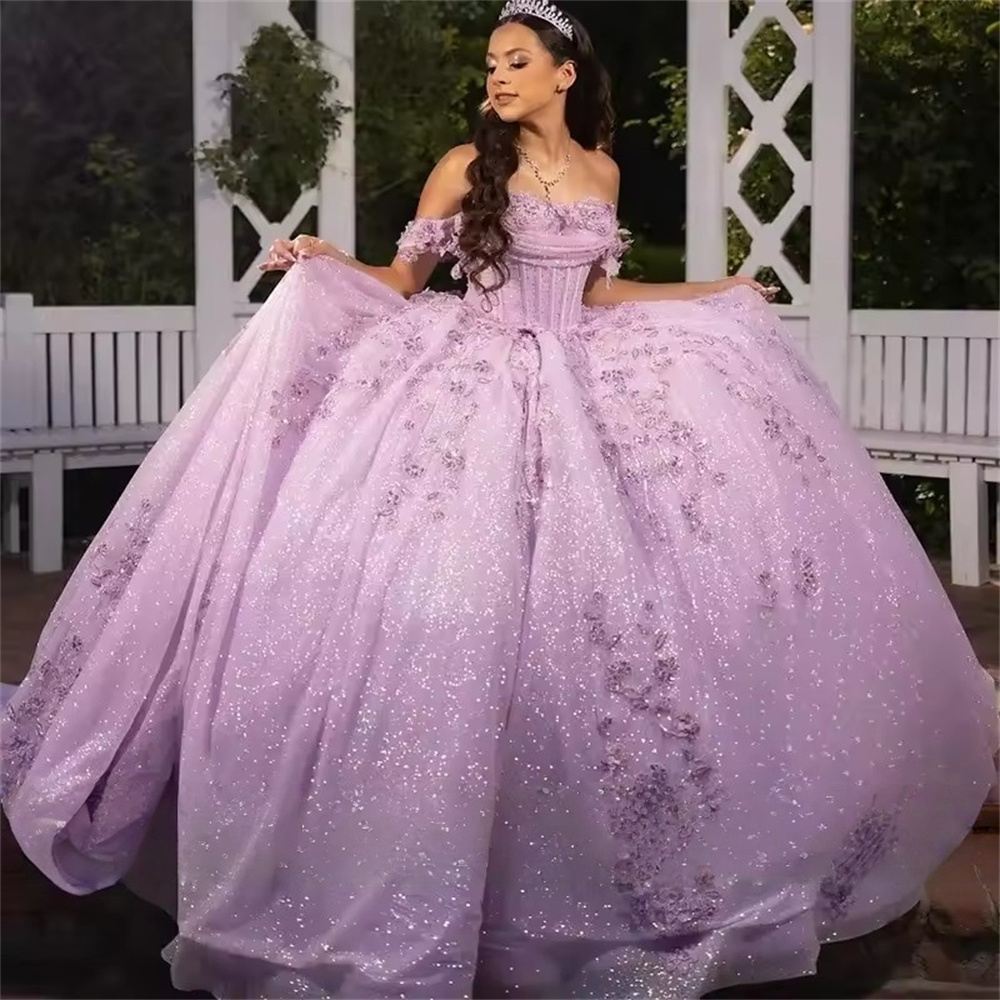 Customized Luxury Pink Quinceanera Dress Ball Gown Floral Applique Beading Mexican Sweet 16 Vestidos De XV 15 Anos D12