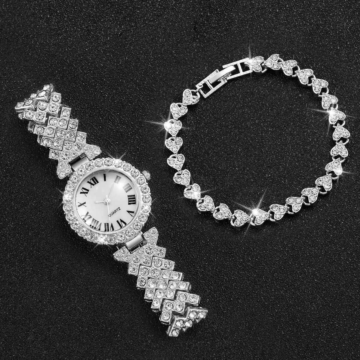 2PCS/Set Fashion Rhinestone Womens Watch Silver Band Ladies Quartz Watches Bracelet Set Reloj MujerWithout Box Y251212