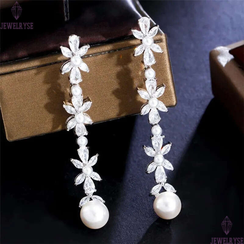 Luxury Long Dangle Charm Faux Pearl Bridal Earrings Wedding Designer Earring for Woman White AAA Cubic Zirconia Drop Leaf Womens Engagement Jewelry Gi