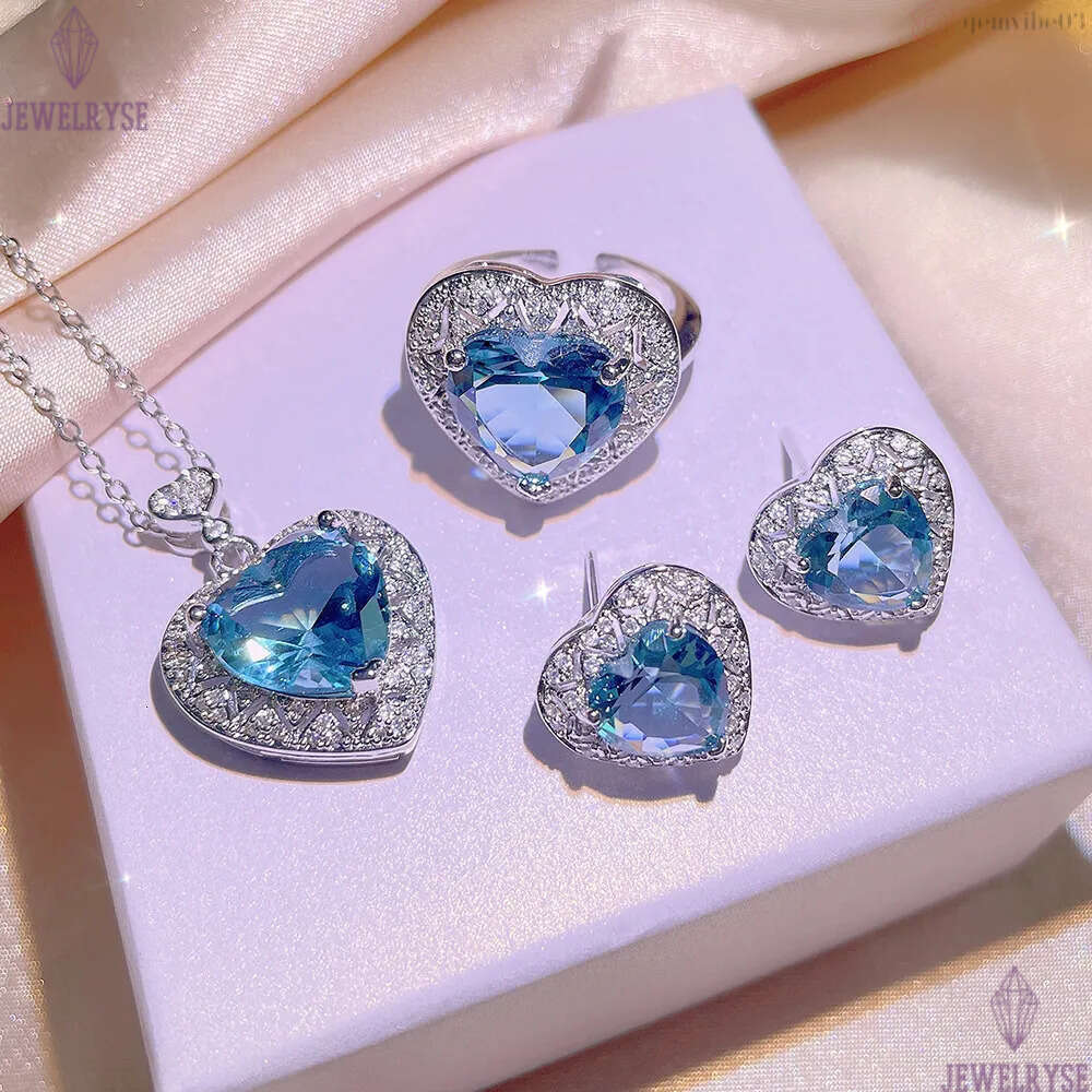 Womens Bling Blue Stone Crystal Diamond Stud Earrings Necklace Rings Nice Shining Zircon OL Designer Ear Ring Love Heart Earring Earings Jewelry