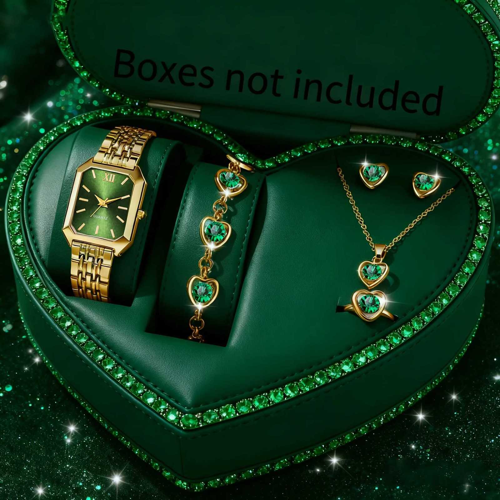 6pcs Elegant Women Quartz Watch Rectangle Dial Ladies Wristwatch with Heart Pendant Jewelry Set Reloj MujerWithout Box Y251212