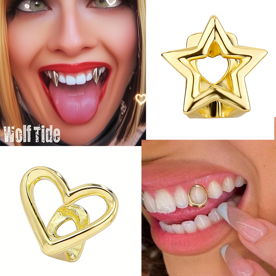 18K Real Gold Hollow Single Teeth Grillz Braces Punk Hiphop Dental Mouth Fang Grills Tooth Cap Cosplay Costume Halloween Party Rapper Body Jewelry Gif