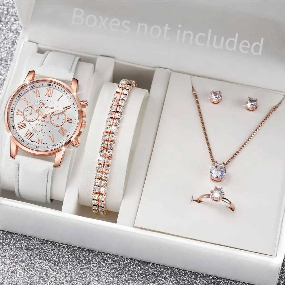 6PCS/Set Casual Leather Strap Women Watches Ladies Quartz Wrist Watch Rhinestone Jewelry Set Reloj MujerWithout Box Y251212