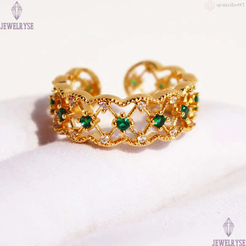 18k gold luxury green stone rings for women hollow lace rhombus designer retro vintage palace style geometry engagement ring jewelry size open