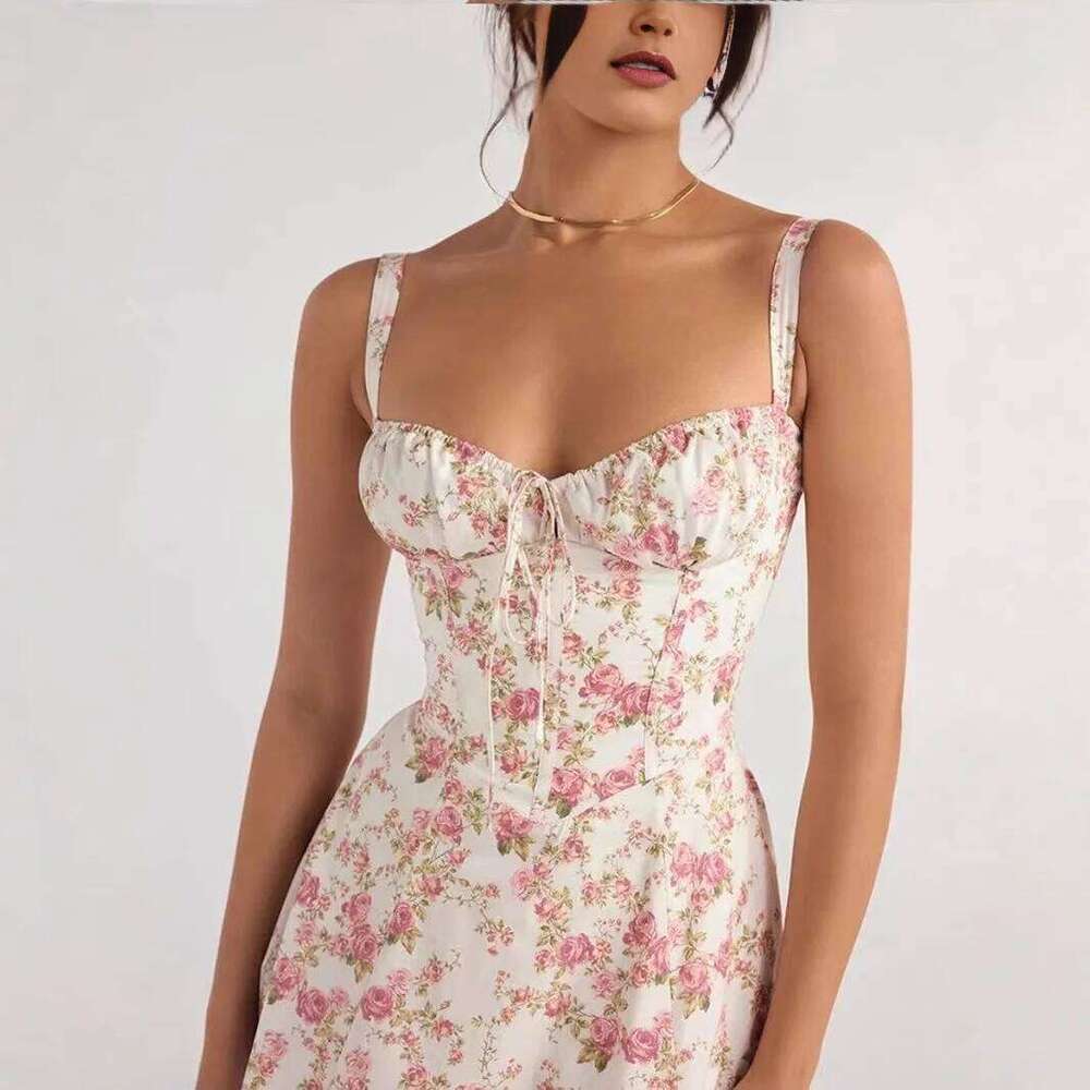 Fashion 2026 Sexy Brazilian Independent Station Digital Print Low Cut Back Strap Waist Cinching Midi Dress Polyester Fabric V Neck Sleeveless Designer
