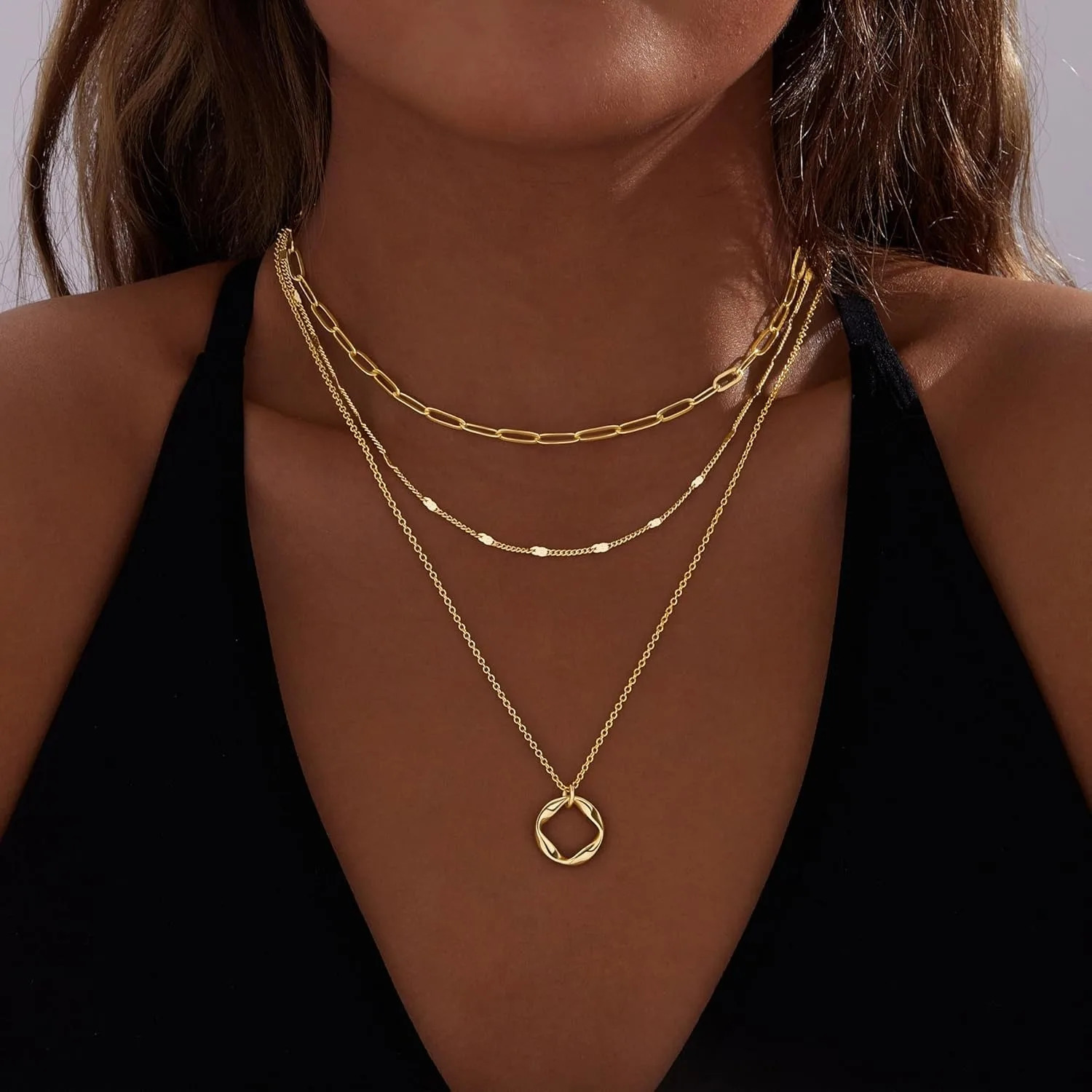 Layered 14K Gold Plated Necklaces for Women Stackable Silver Plated Circle Paperclip Chain Pendant Choker Necklace Set For Woman 251210