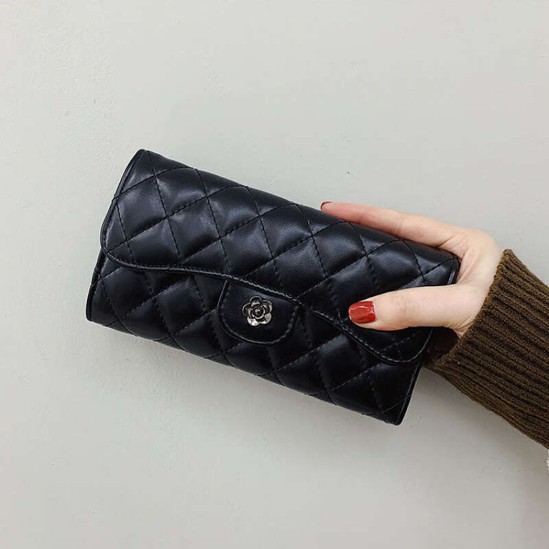 BHULAMTE Designer Classic Diamond Embroidered Thread Black Card Luxury Texture Camellia Women's Handbag Long Money Wallet Coin Bag Zipper Clip