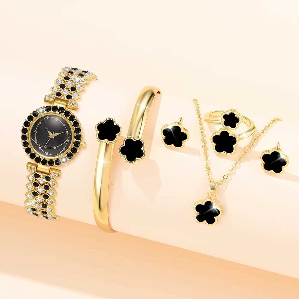6Pcs/Set Women Gold Stainless Steel Strap Watches Fashion Rhinestone Quartz Wristwatch And Necklace Earings Rings Jewelry Set Y251212
