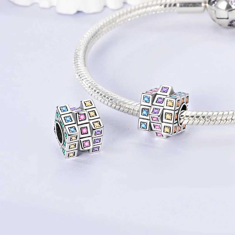 925 Sterling Sier Charm Bead Rotatable Colorf Rubiks Cube Bead Fit Bracelet For Wen DIY Jewelry Gift Y251212
