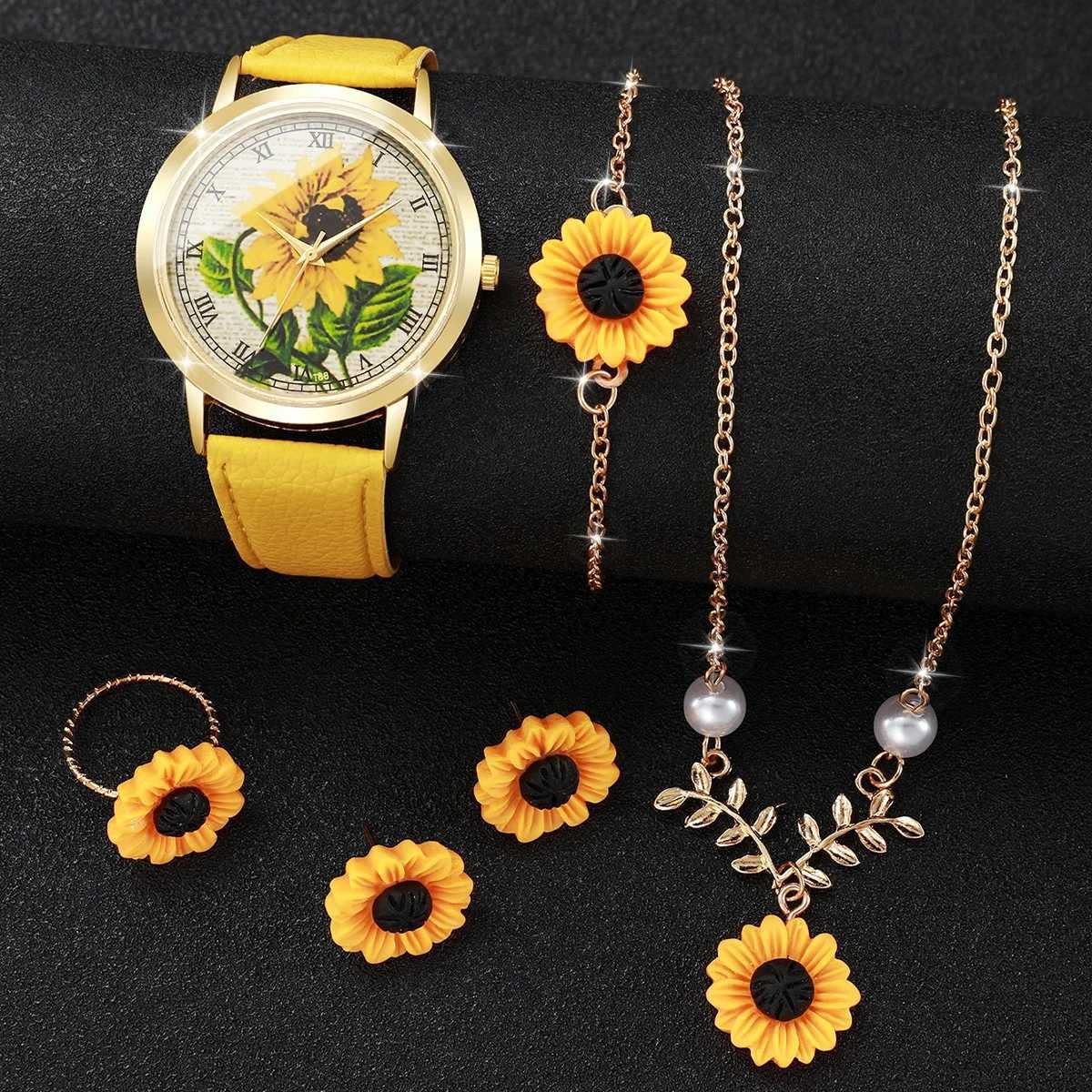 2/6PCS Fashion Flower Dial Women Watches Leather Strap Quartz Watch Daisy Jewelry Set Reloj Mujer Without Box Y251212