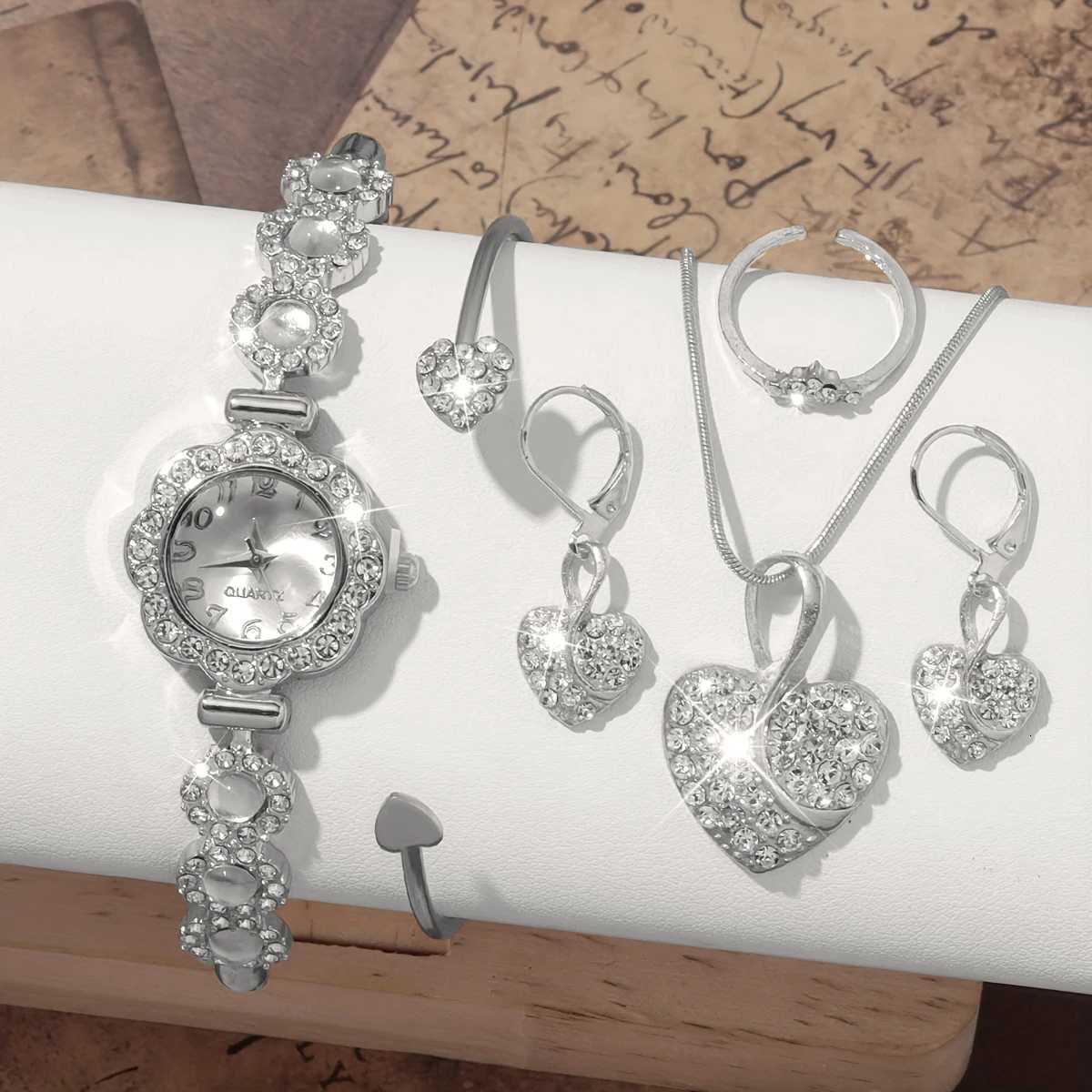 6PCS/Set Elegant Women Diamond Arabic Dial Quartz Wristwatch Ladies Fashion Rhinestone Bracelet Watch Jewelry Set Without Box Y251212