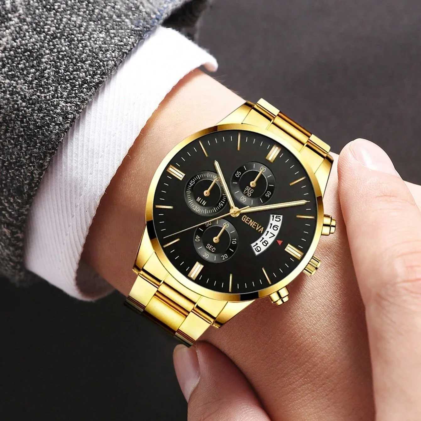 4pcs/set Fashion Male Stainless Steel Watches Men Business Quartz Watch Man Casual Wristwatch and Bracelet Necklace Set Y251212