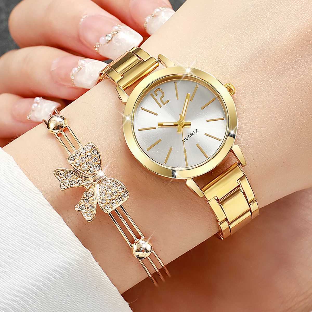 6PCS/Set Womens Watch Fashion Gold Steel Band Quartz Watches Rhinestone Bowknot Jewelry SetWithout Box Y251212