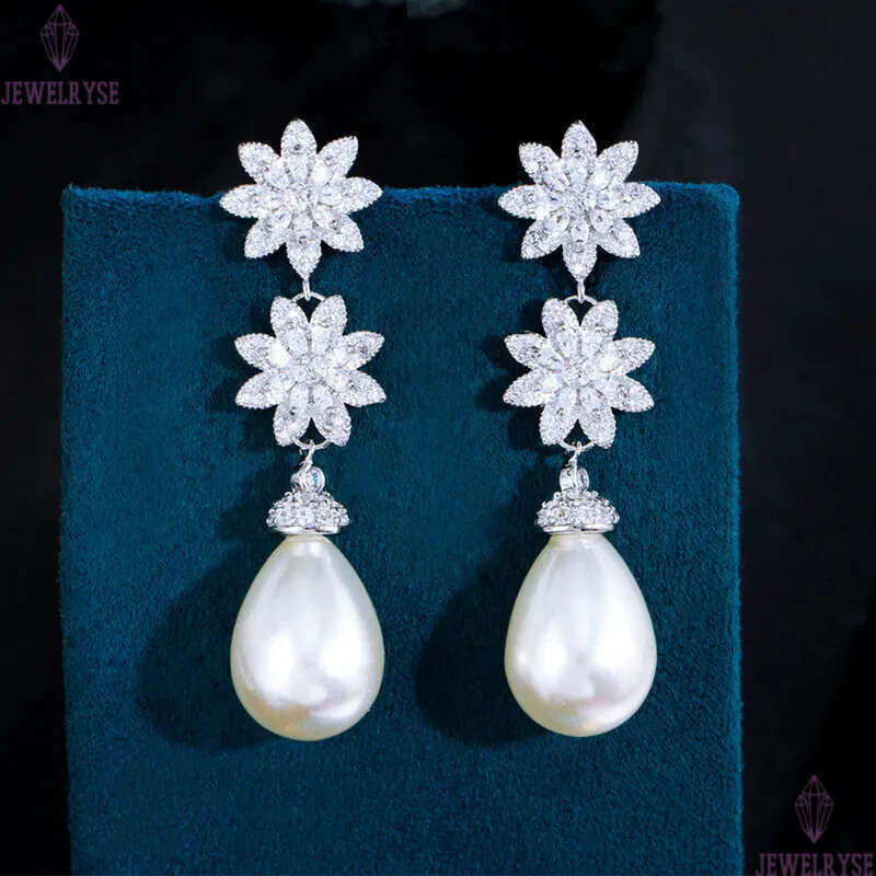 Charm Flower Imitation Pearl Designer Earring for Woman Wedding Luxury White AAA Cubic Zirconia Drop Stud Diamond Earrings S925 Sterling Silver Needle