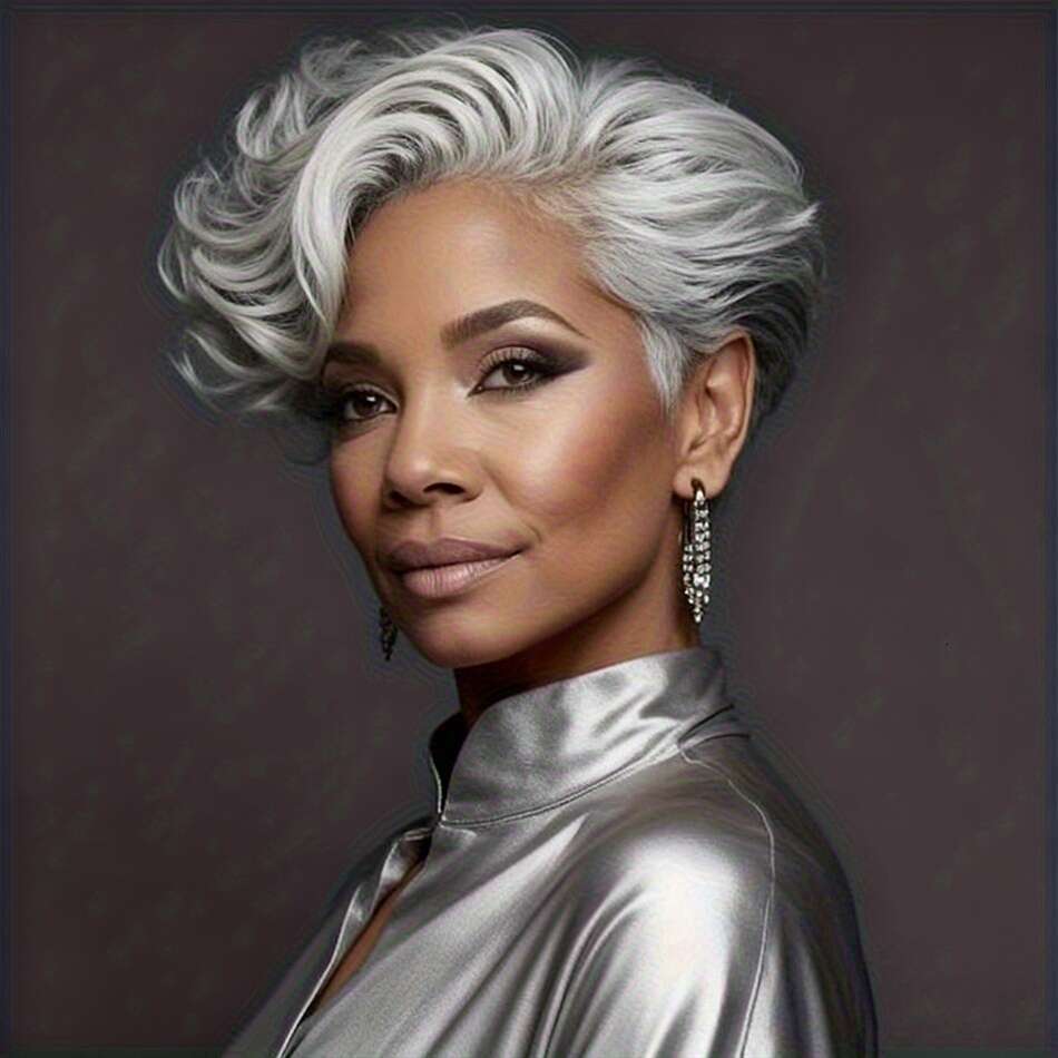 Brazilian Human Hair Wig Women - Short Pixie Cut, 6.0Inch, 150% Density, Straight Hair, Grey Color, Natural Look, Ideal Daily Wea, Light Colored You C