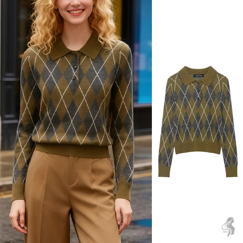 Womens Olive Green Collared Knit Sweater - INDETER Argyle Pattern Long Sleeve Polo Pullover 251212