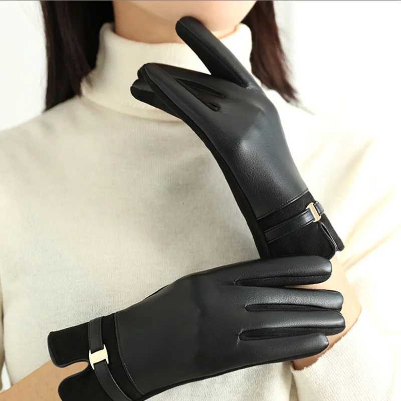 Winter Warm Outdoor Cycling Windproof Waterproof New High End Sweet Cool Wind Plush PU Women Gloves Y251211