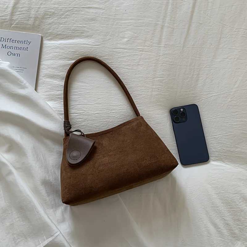 Wens Elegant Tote Bag Suede Fabric Shoder Bag Solid Brown Hand with Zipper Closure Durable Fixed Strap Phe Makeup Y251211