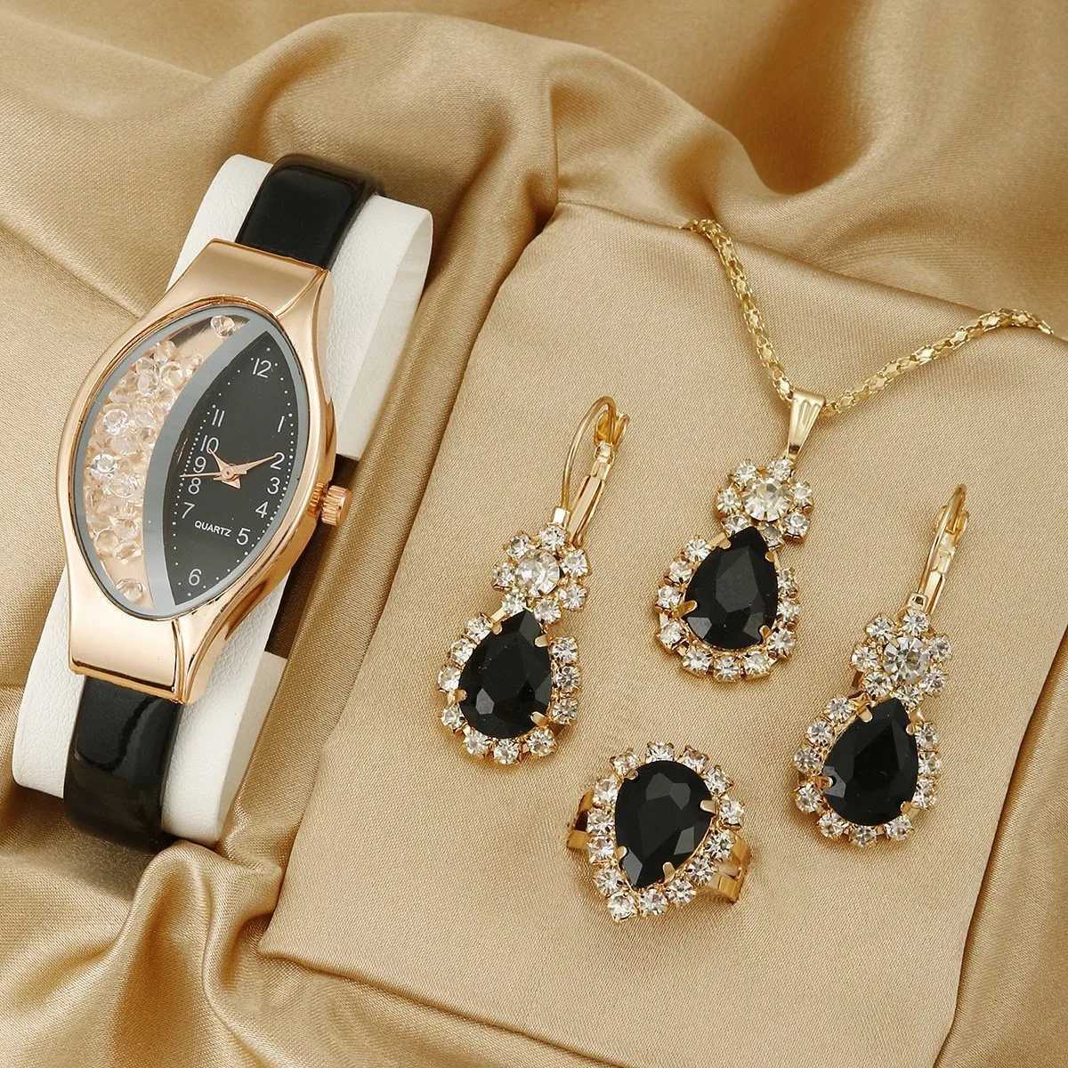 5pcs Elegant Womens Watch Jewelry Set Luxury Rhinestone Leather Band Wristwatch Reloj Mujer Girls Clock GiftWithout Box Y251212