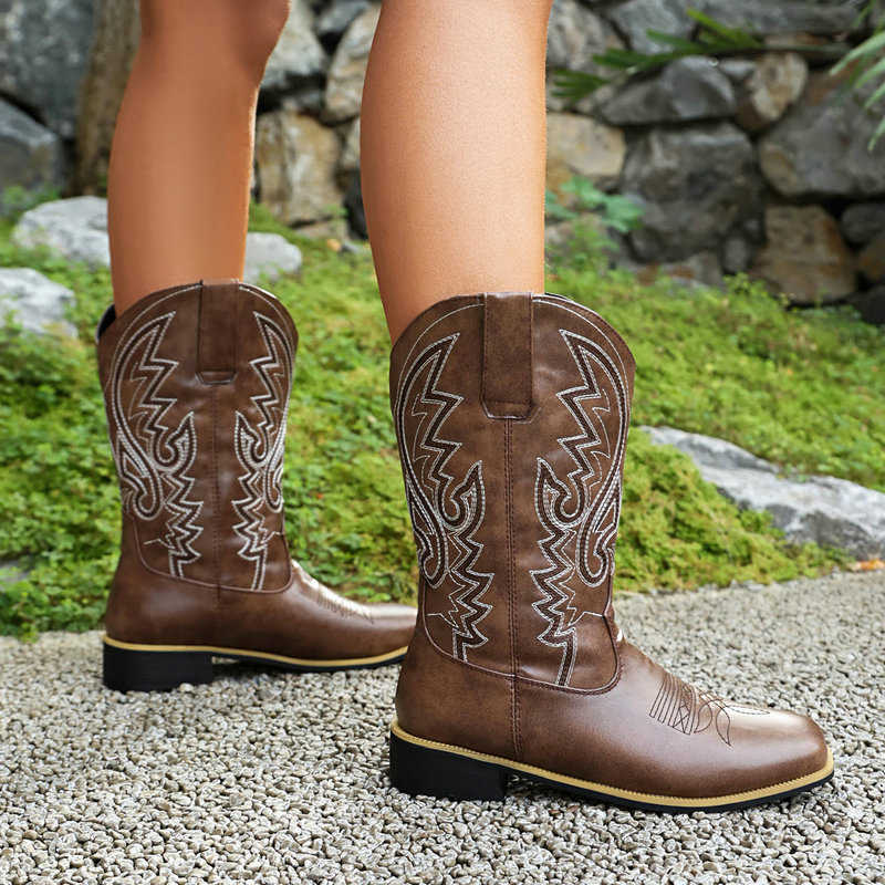 Export women's boots, Western cowboy boots, thick-heeled V-neck embroidered sleeve knight boots, retro mid-calf square-toed Dr. Martens boots W250811