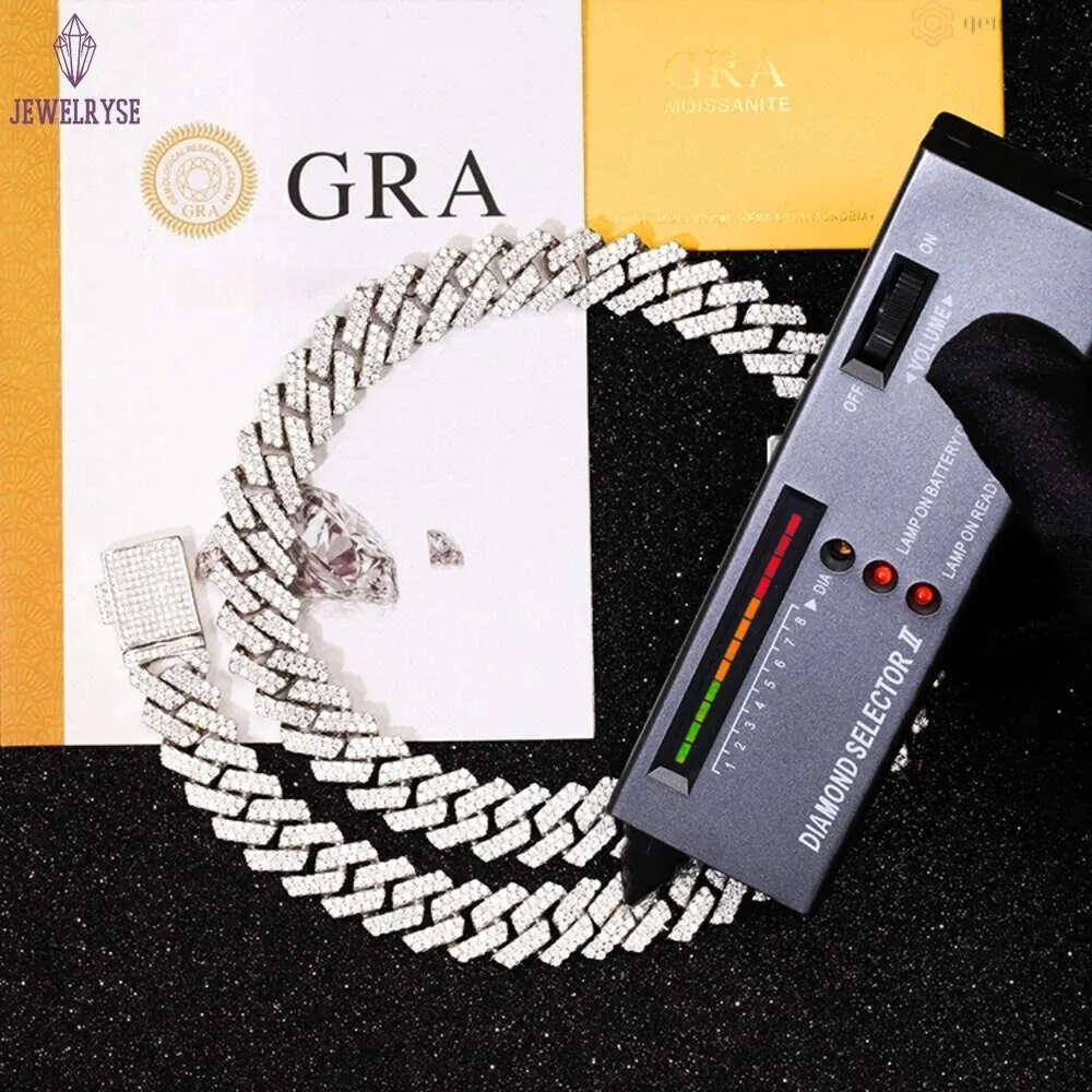 designer necklace moissanite chain silver necklace hip hop jewelry 15mm wide 2rows cuban link chains vvs moissanite white gold plated sterling sier cu