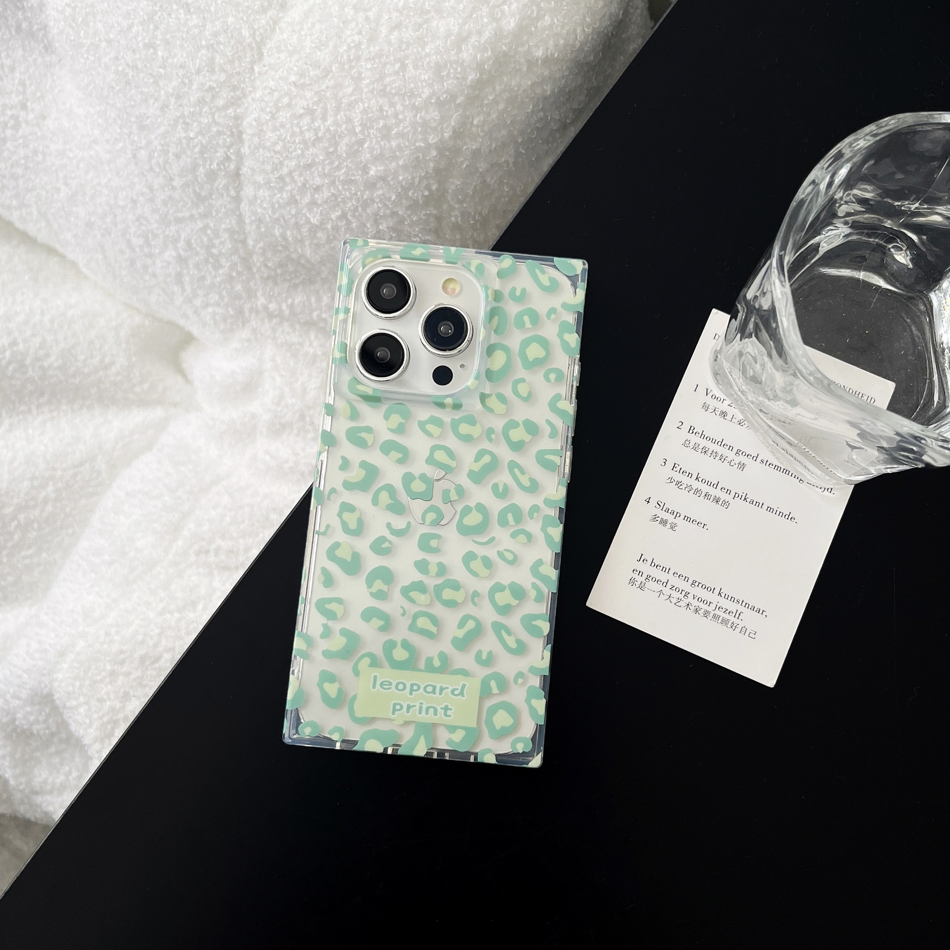 American Transparent Green Leopard Pattern Suitable for iPhone 16 Pro Max Phone Case Apple 17 Square Glossy 15 Protective Cover