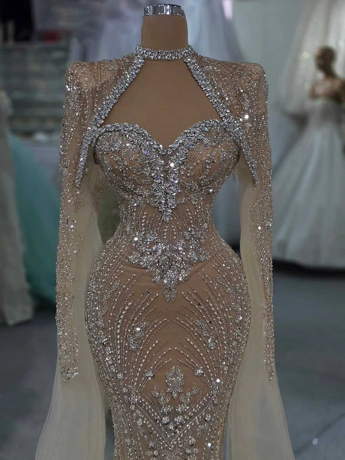 Unique Nude Prom Dress Long Cape Sleeve Crystals Formal Women Party Gowns Size Customized Dubai Formal Reception Dresses Arabic Robes De Mariee L25329