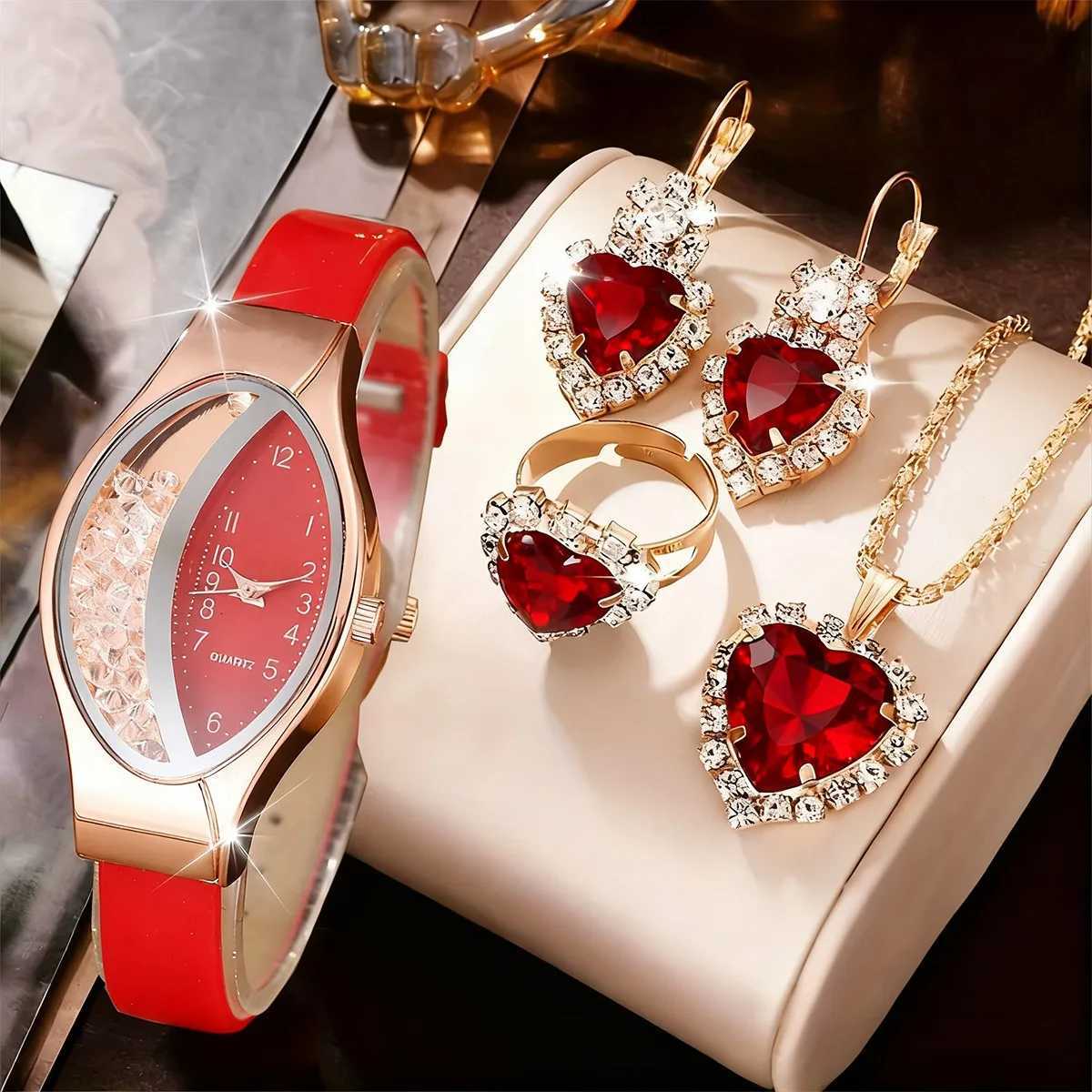 5pcs Elegant Womens Watch Jewelry Set Luxury Rhinestone Leather Band Wristwatch Reloj Mujer Girls Clock GiftWithout Box Y251212