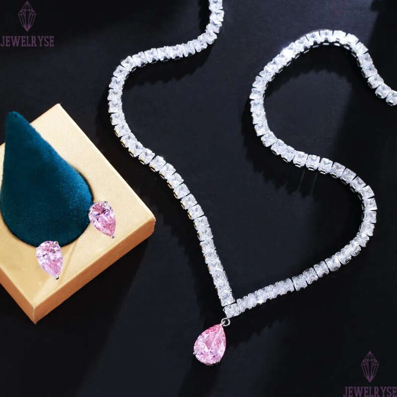 Ins Choucong Top Sell Wedding Jewelry Sets Luxury Jewelry 18k White Gold Fill Water Drop Pink 5A Cubic Zircon Party Gorgeous Party Women Stud Earring 