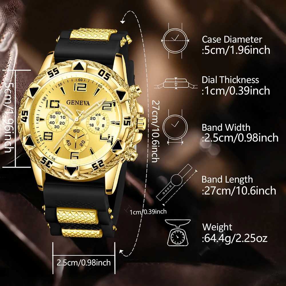 4PC Golden Mens Watch Set Fashionable and Versatile Quartz Watch Bracelet Necklace Ring Set Perfect Gift for Friends or Dad Y251212