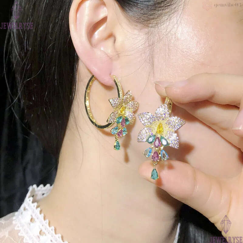 Fashion Hoop Crystal AAA Cubic Zirconia Flowers Designer Earrings Copper Colorful CZ Circle Earring Gold Jewelry Valentines Day For Women Party Gift