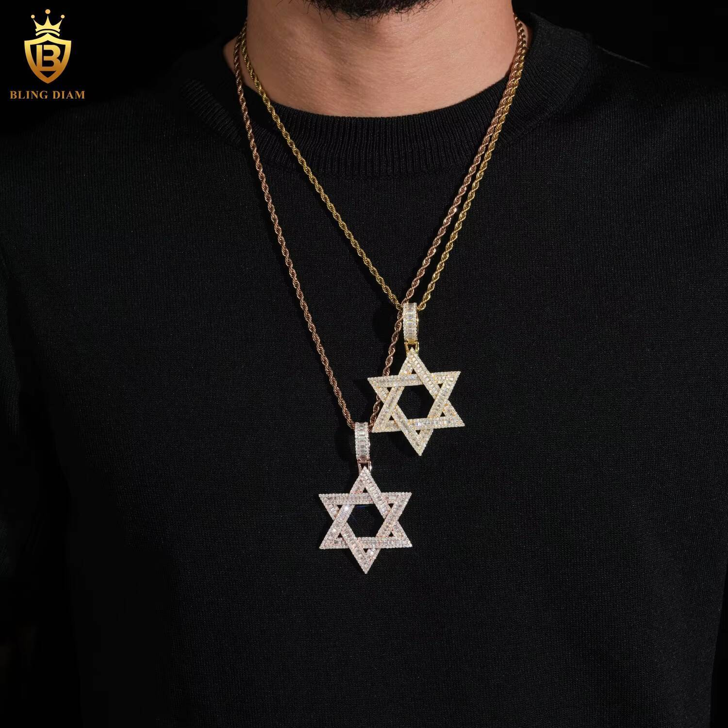 Hip Hop Moissanite Jewelry Hexagram Charm Pendant Solid 925 Silver Baguette Cut Moissanite Pendant Jewelry Iced Out Pendant GRA