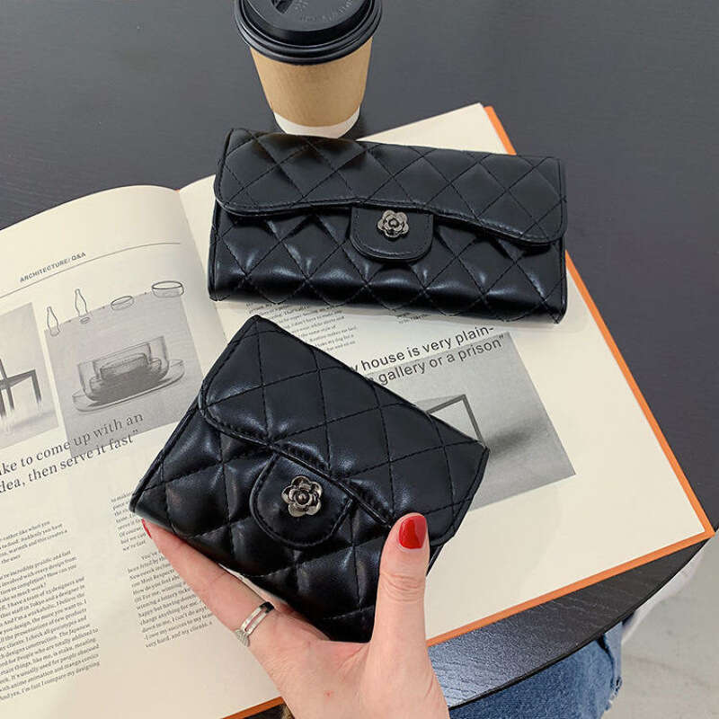BHULAMTE Designer Classic Diamond Embroidered Thread Black Card Luxury Texture Camellia Women's Handbag Long Money Wallet Coin Bag Zipper Clip