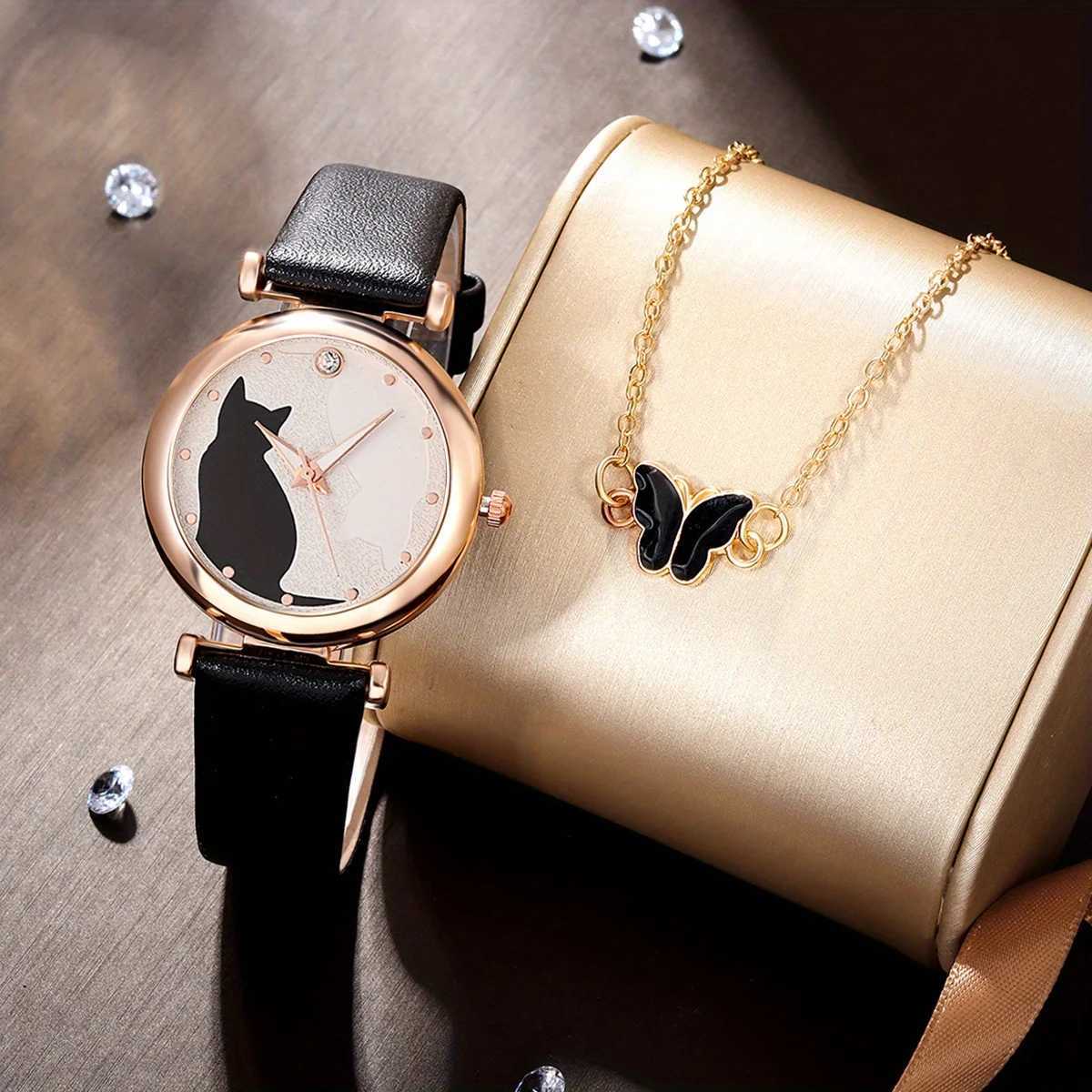 1pc Casual Round Pointer Quartz Watch Cat Pattern Rhinestone Decor Analog Dress Watch 4pcs Jewelry Set Gift For Mom/Her Y251212
