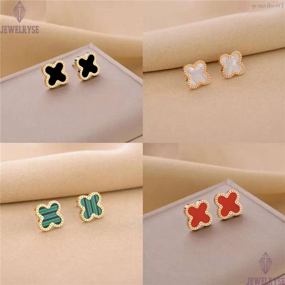 Titanium Steel Leaf Studs Earrings Women 18K Rose Gold Plated Fashion Luxury Shell Flower Jewelry Gifts Black Green White Red Leaves Charm Never Fade 