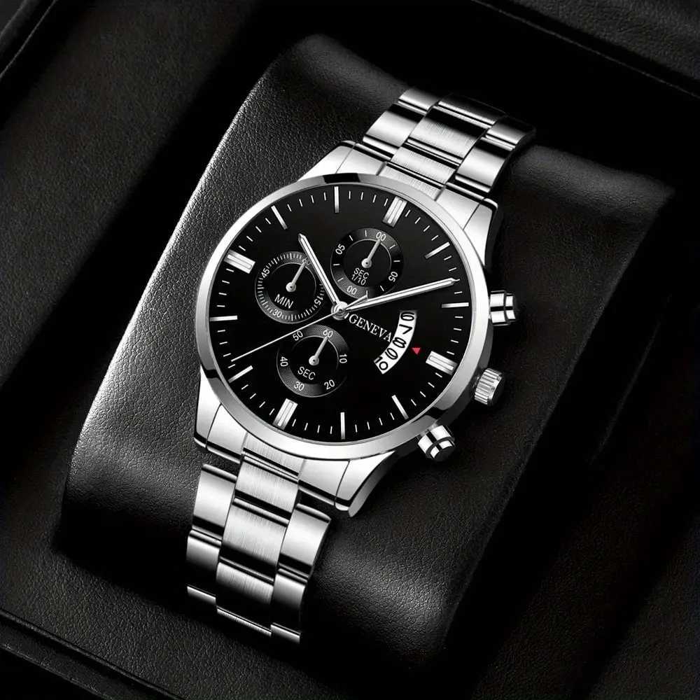 2pcs Luxury Black Quartz Watch Bracelet For Men Business Fashion Round Calendar Watch Set Without BoxRelogio Masculino Y251212