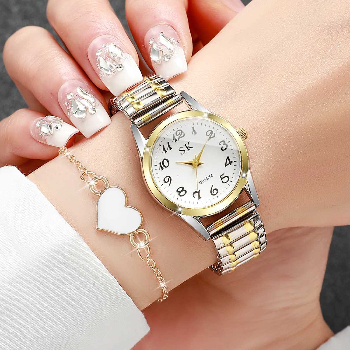 5PCS Fashion Elastic Strap Women Quartz Watch Simple Arabic Dial Ladies Wristwatch Heart Jewelry Set Reloj Mujer Without Box Y251212