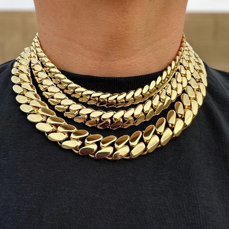 Miami Cuban Link Chain Solid Handmade Real 14k Gold Triple Plated 10-22mm Heavy Necklace Bracelet