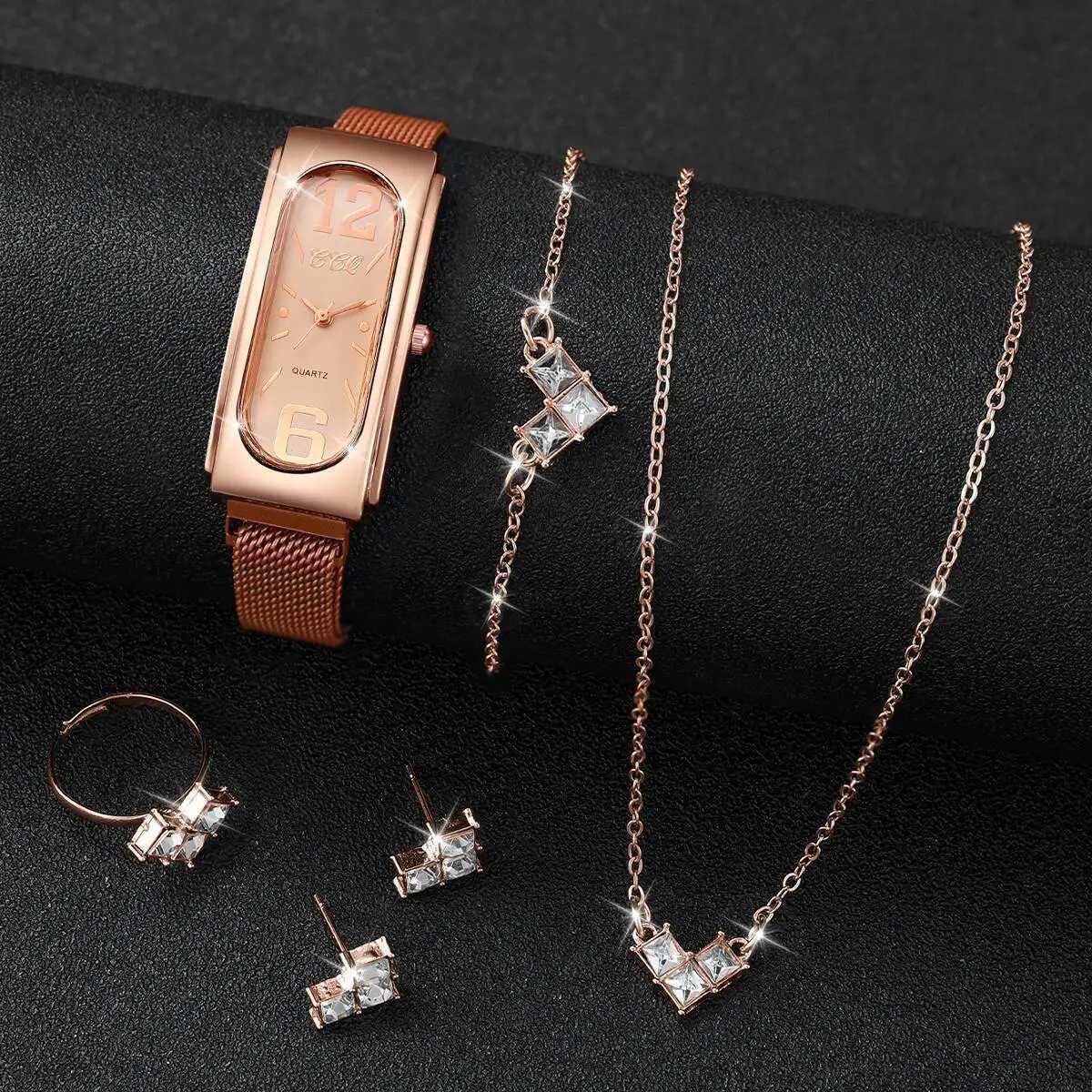 6PCS/Set Fashion Rectangle Women Watch Magnet Clasp Ladies Quartz Wrist Watches Rhinestone Jewelry Set Reloj MujerWithout Box Y251212