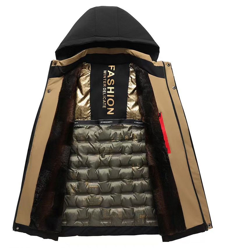 2025 New Black & Gold Down Cotton Coat: Fleece-Lined Thickened Windproof Waterproof Removable Winter Padded Jacket