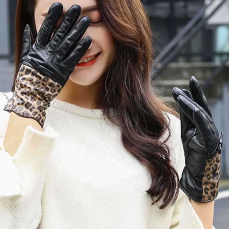Genuine Leather gloves female sheepskin bow winter plus velvet thickening quality Leopard mittens cycling driving gloves E78 Y251211