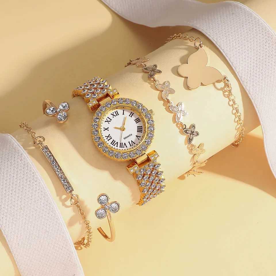 Luxury and fashion full diamond Womens quartz watch and jewelry 5-piece set suitable for everyday wear Thanksgiving and Chris Y251212