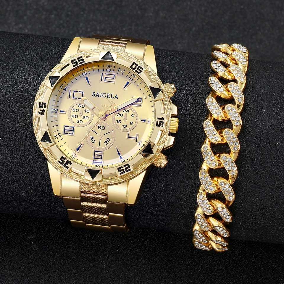 2pcs/set Men Business Watches Fashion Arabic Dial Males Quartz Watch Luxury Rhinestone Hip Pop Bracelet Set Without Box Y251212