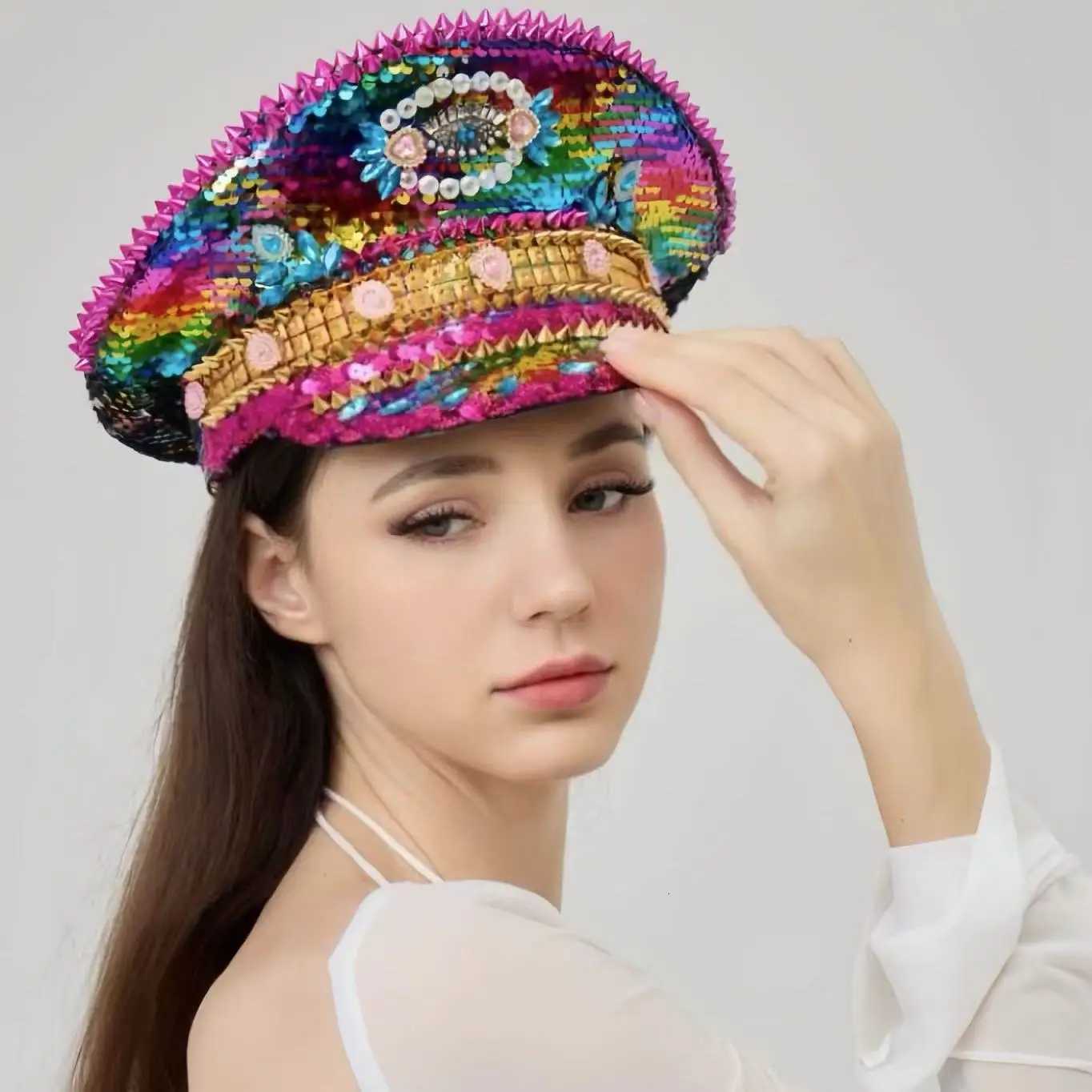 Luxury Colorful Sequin Festival Captain Hat Masquerade Unisex Adult Military Cap Polyester Steampunk Handmade Headwear Wedding X251212 - view 5