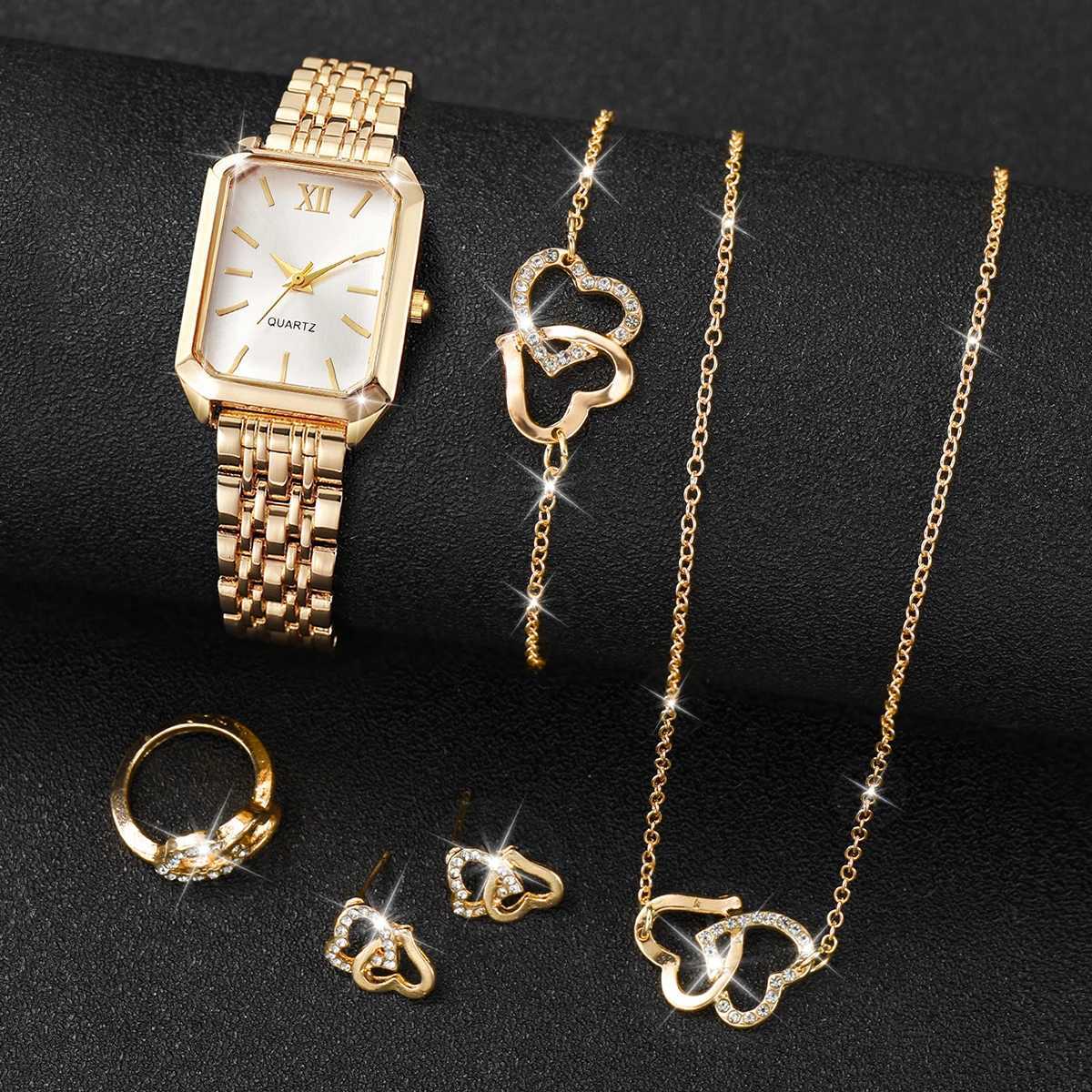 6PCS/Set Fashion Roma Dial Women Watches Ladies Rectangle Quartz Wristwatch Rhinestone Jewelry Set Reloj Mujer Without Box Y251212