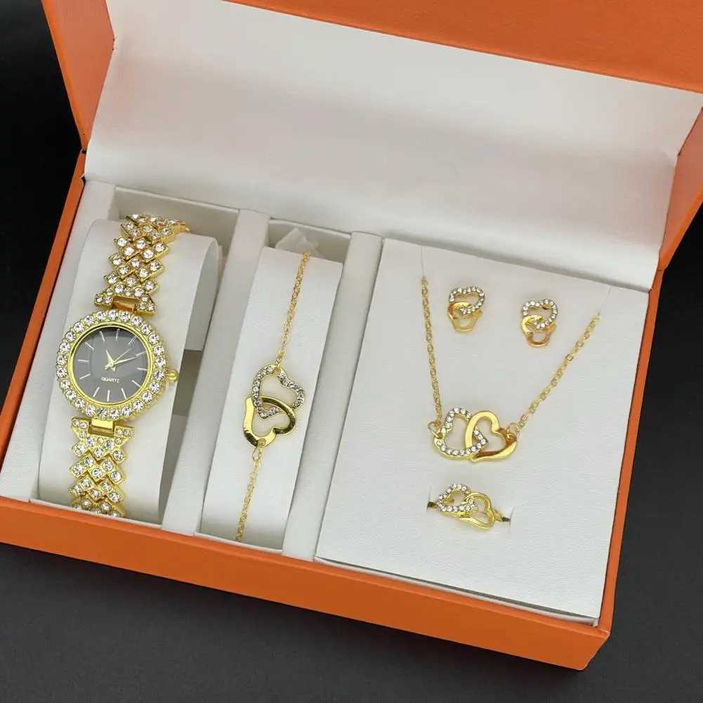 1 Set Women Jewelry Set with Gift Box Complete Collection of Quartz Watch Necklace Bracelet Ring Earring Set Golden Jewelry Gift Y251212